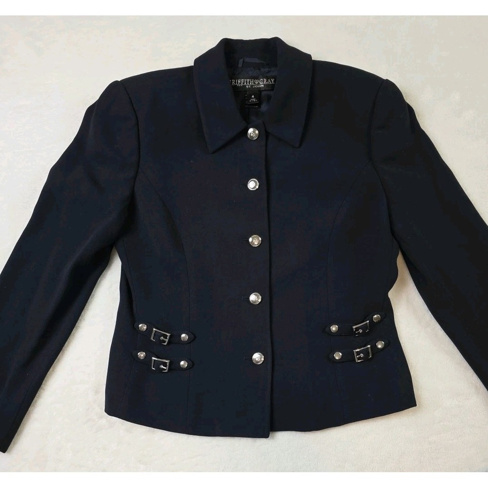 Vintage St. John Griffith Gray Blazer 4 Black Wool Silver Hardware, Classic Rare